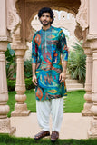 Kurta for mens - Teal Abstract Mirror Work Kurta