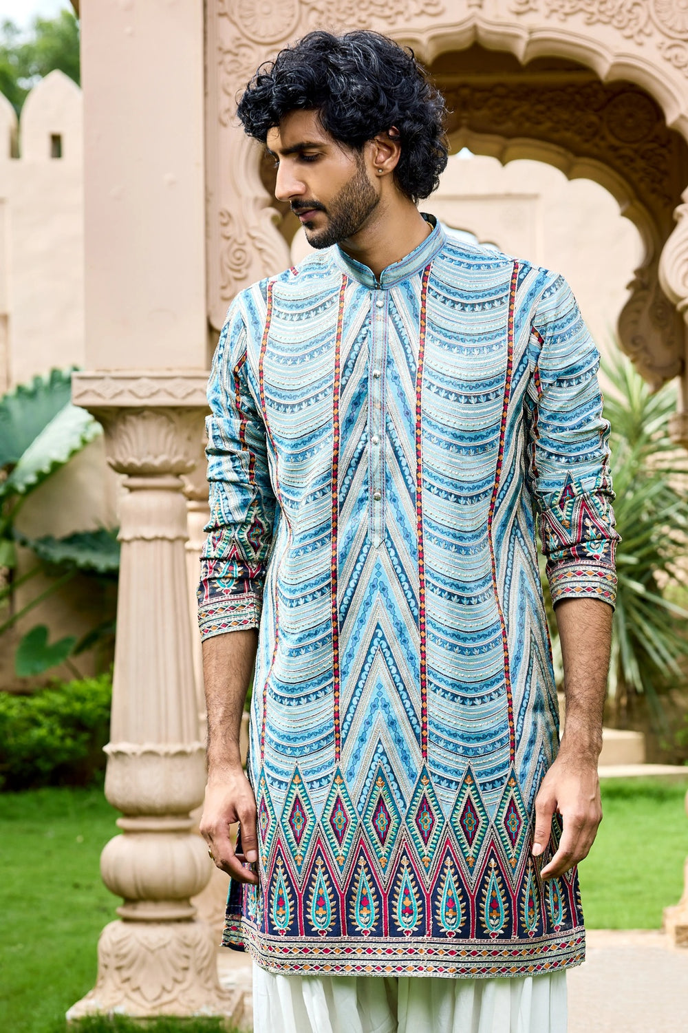 Kurta Set for Men – Light Blue Geometric Kurta Set