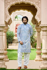 Kurta Set for Men – Sky Blue Pastel Floral Kurta Set