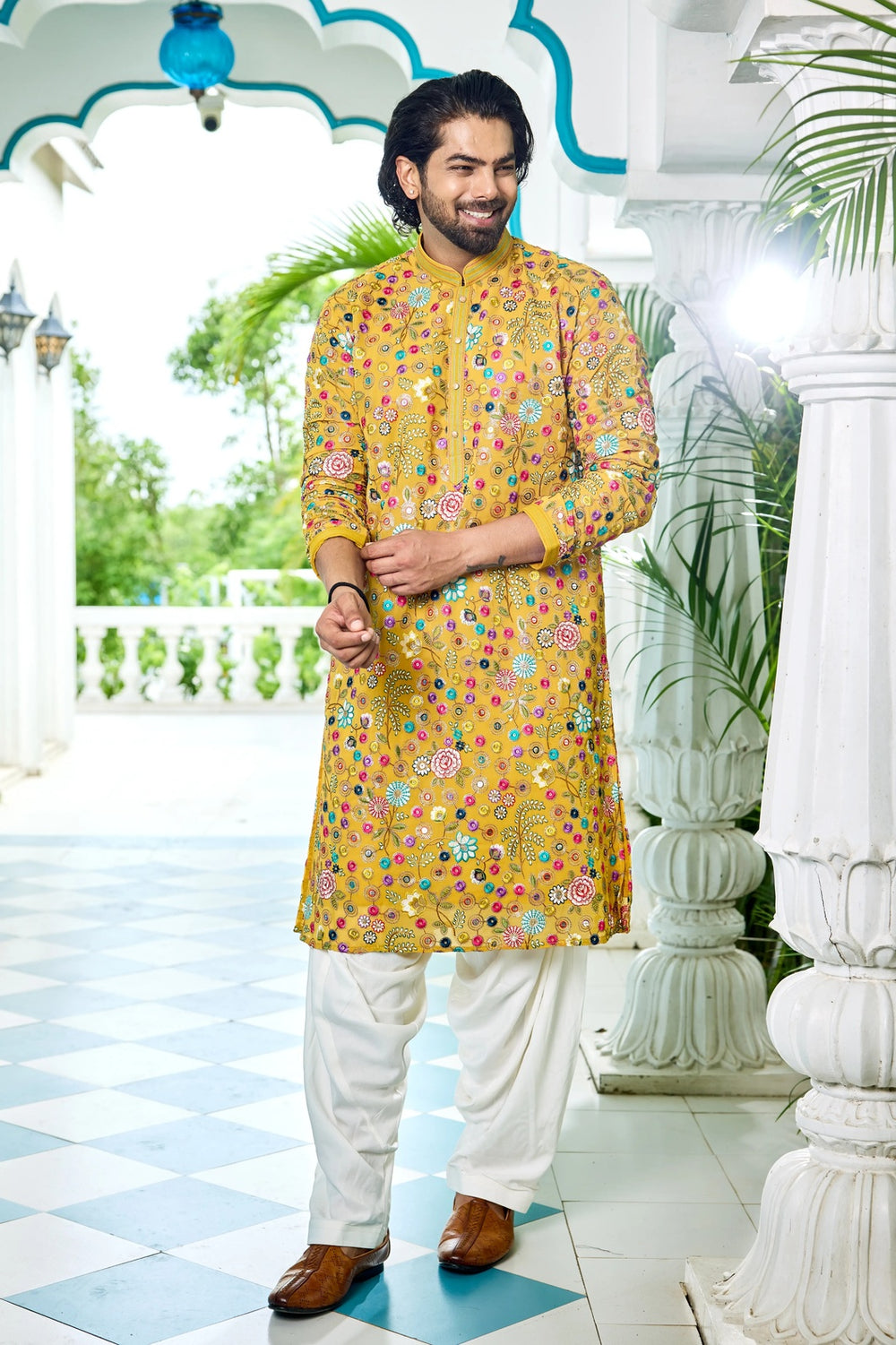 Kurta Set for Men – Yellow Floral Multicolour Kurta Set