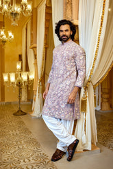 Lavender Blossom Embroidered Kurta Set for Men, Stylish Ethnic Wear