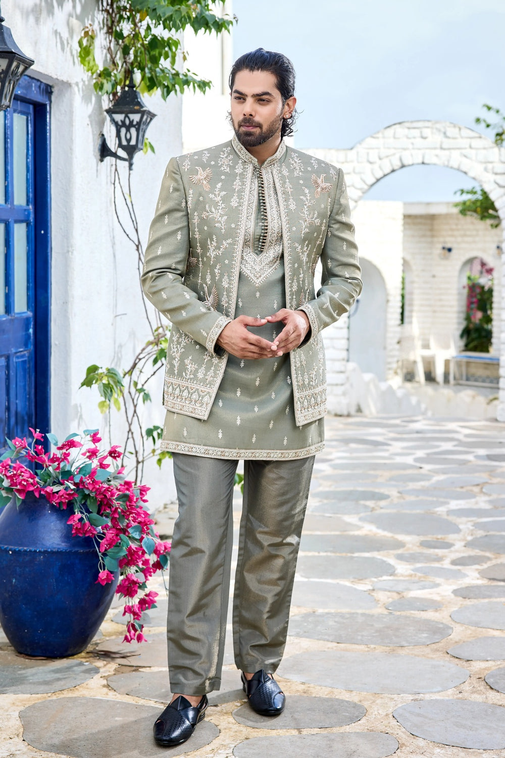 Mehendi Green Indo-Western with Gold Hand Embroidery