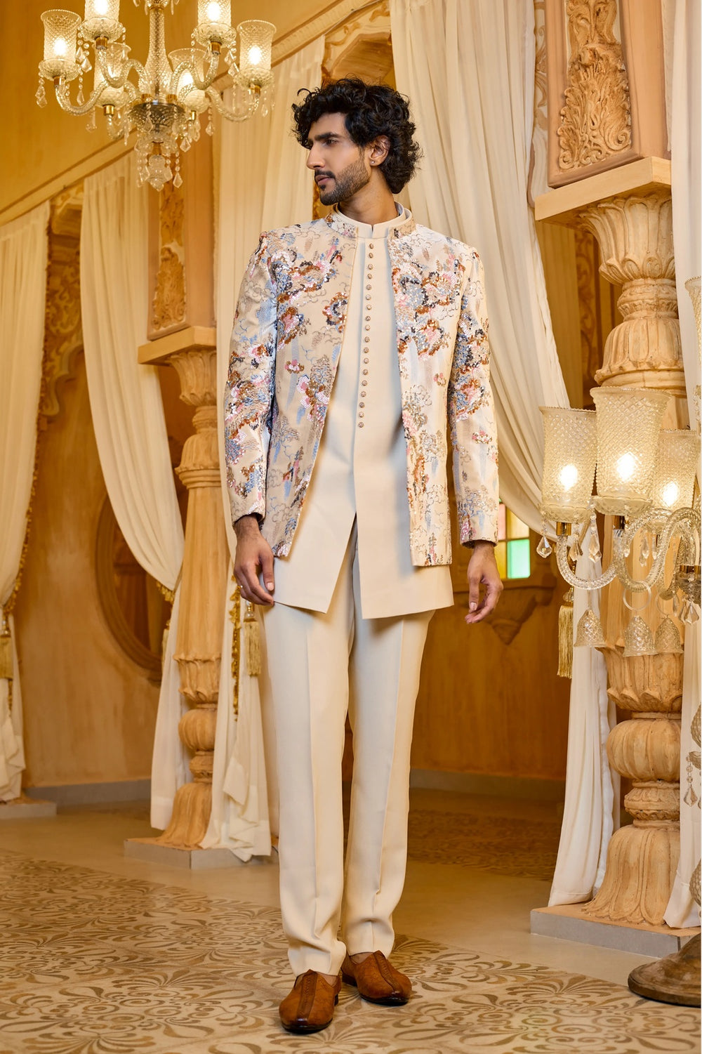 Mens indo-western kurta - Beige Embroidered Indo-Western Suit for Men