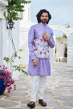 Mens jacket kurta - Lavender Silk Kurta Set with Floral Printed Jacket