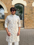 Men’s Kurta – Ivory Blue Floral Embroidered Kurta for Men