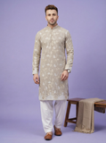 Mens kurta - Men’s Beige Gold Embroidered Festive Kurta