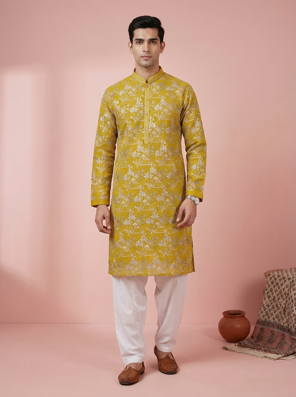 Mens kurta - Mustard Yellow Woven Pattern Kurta for Men