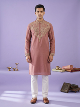 Mens kurta - Pink Kurta for Men with Embroidered Neck Work