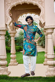 Mens kurta - Teal Abstract Mirror Work Kurta