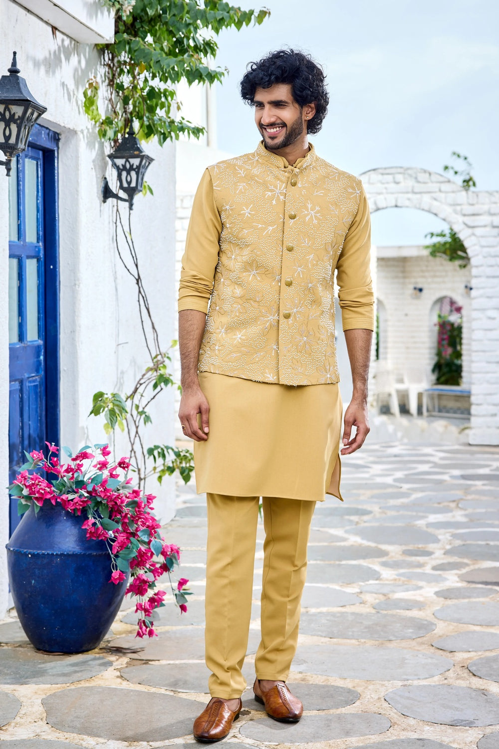 Mustard Embroidered Jacket Kurta Set