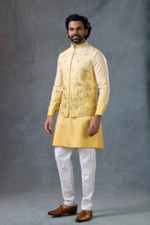 Mustard Embroidered Nehru Jacket Kurta Set For Men Wedding Outfit