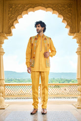 Mustard Yellow Floral Embroidered Jacket Set