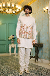 Natural Shade Linen Floral Jacket Kurta Set
