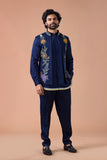 Navy Blue Floral Embroidered Nehru Jacket Kurta Set For Men Wedding Outfit