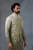 Olive Embroidered Nehru Jacket Kurta Set For Men Party Wear