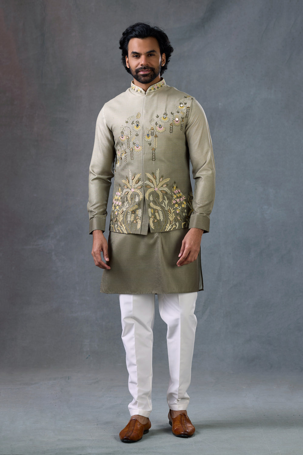 Olive Embroidered Nehru Jacket Kurta Set For Men Wedding Outfit