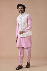 Pastel Pink Kurta Set with Floral Nehru Jacket