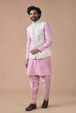 Pastel Pink Kurta Set with Floral Nehru Jacket