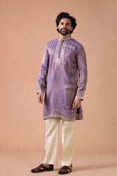 Plum Tissue Silk Neck Work Wedding Kurta Set For Men Groom Outfit