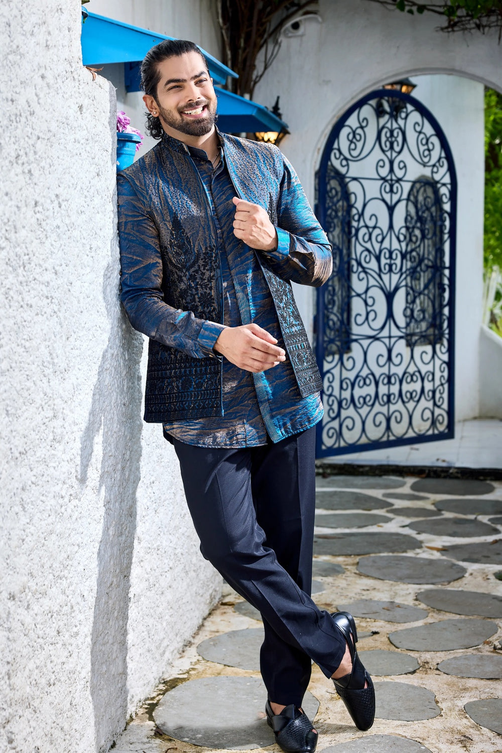 Royal Blue Open Jacket Kurta Set with Metallic Detailing