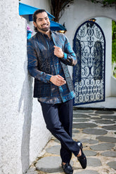 Royal Blue Open Jacket Kurta Set with Metallic Detailing