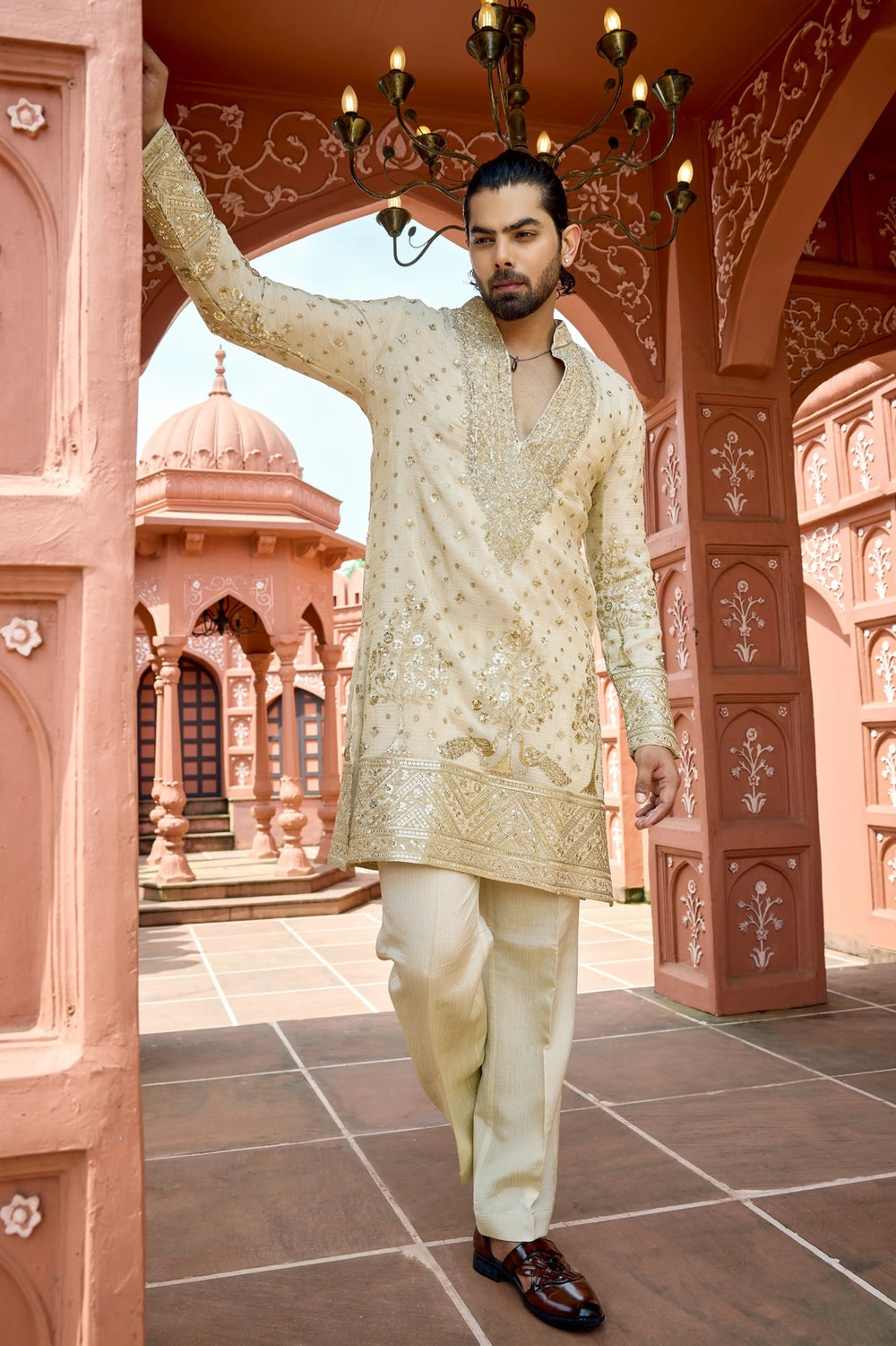 Royal Cream Zari Embroidered Kurta Pajama