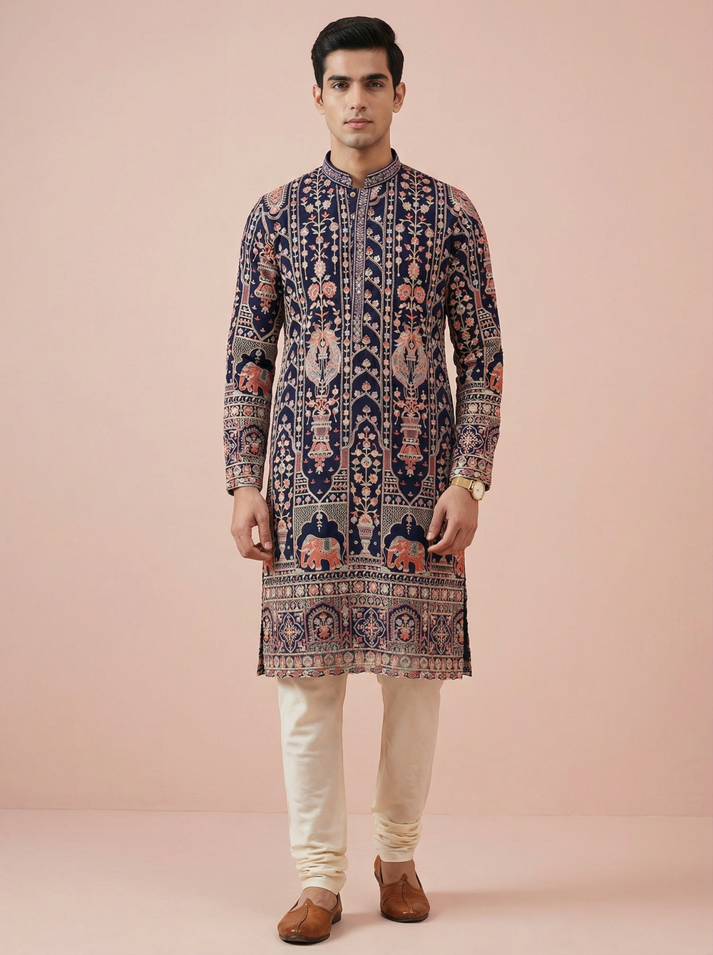 Royal Navy Blue Embroidered Kurta for Men
