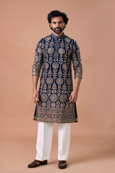 Royal Navy Blue Heavy Embroidered Kurta Set with Straight Pants