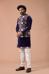 Royal Purple Embroidered Nehru Jacket Kurta Set Wedding Outfit