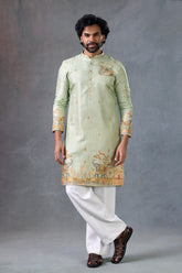 Sage Green Elephant Print Kurta Set With Dupatta For Men Wedding Outfit
