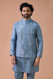 Steel Blue Linen Embroidered Nehru Jacket Kurta Set Ethnic Wear