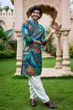 Teal Abstract Mirror Work Kurta