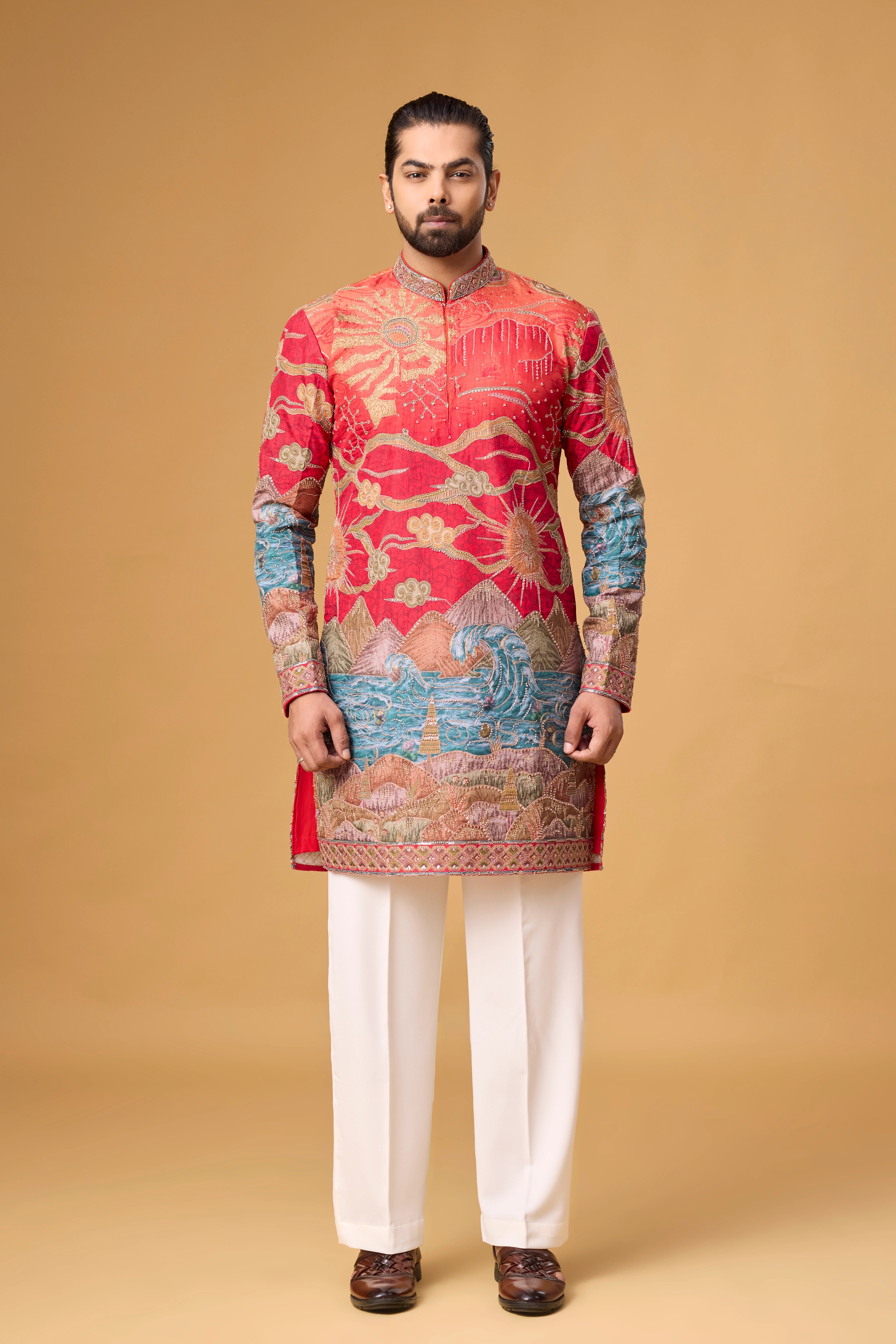 Crimson Heritage Scenic Embroidered Kurta