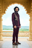Wine Eagle Motif Short Jacket Indo-Western Set