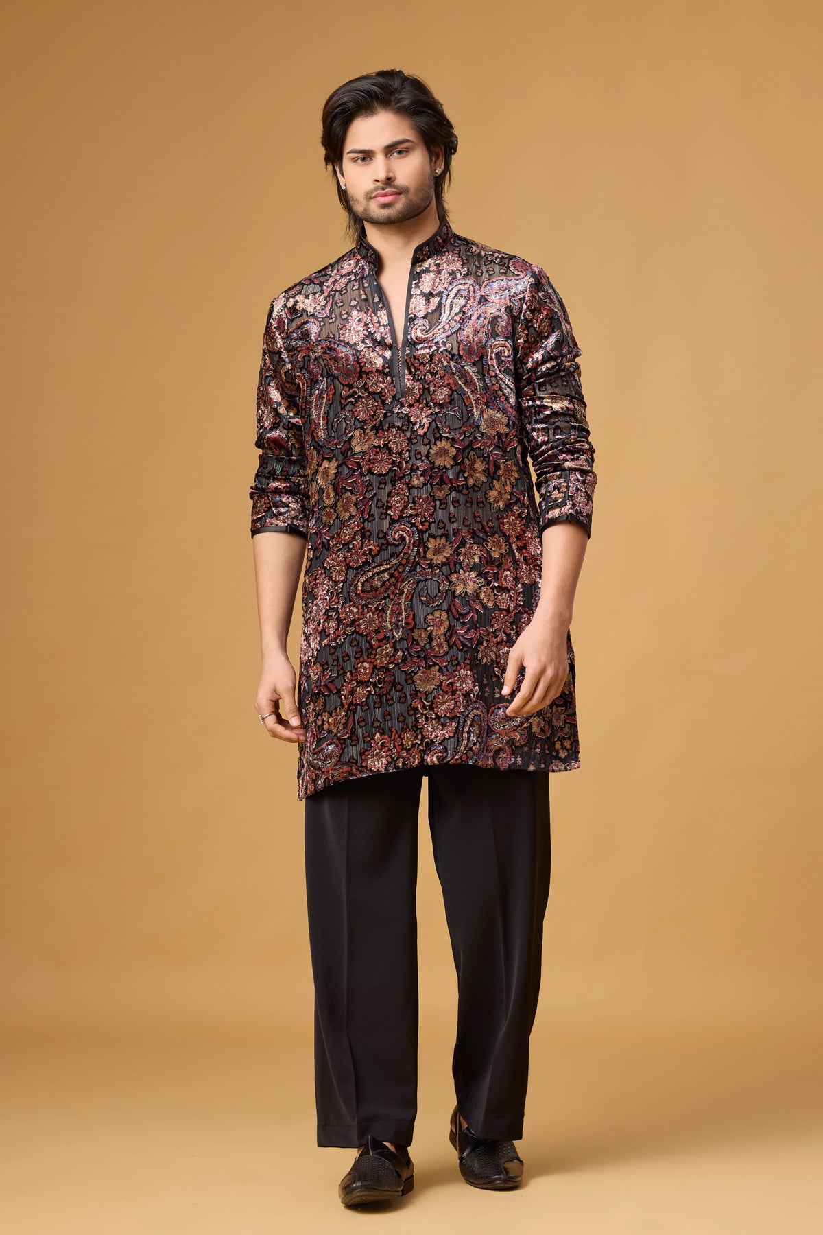 Noir Paisley Heritage Printed Kurta Set for Men | Mahavir NX