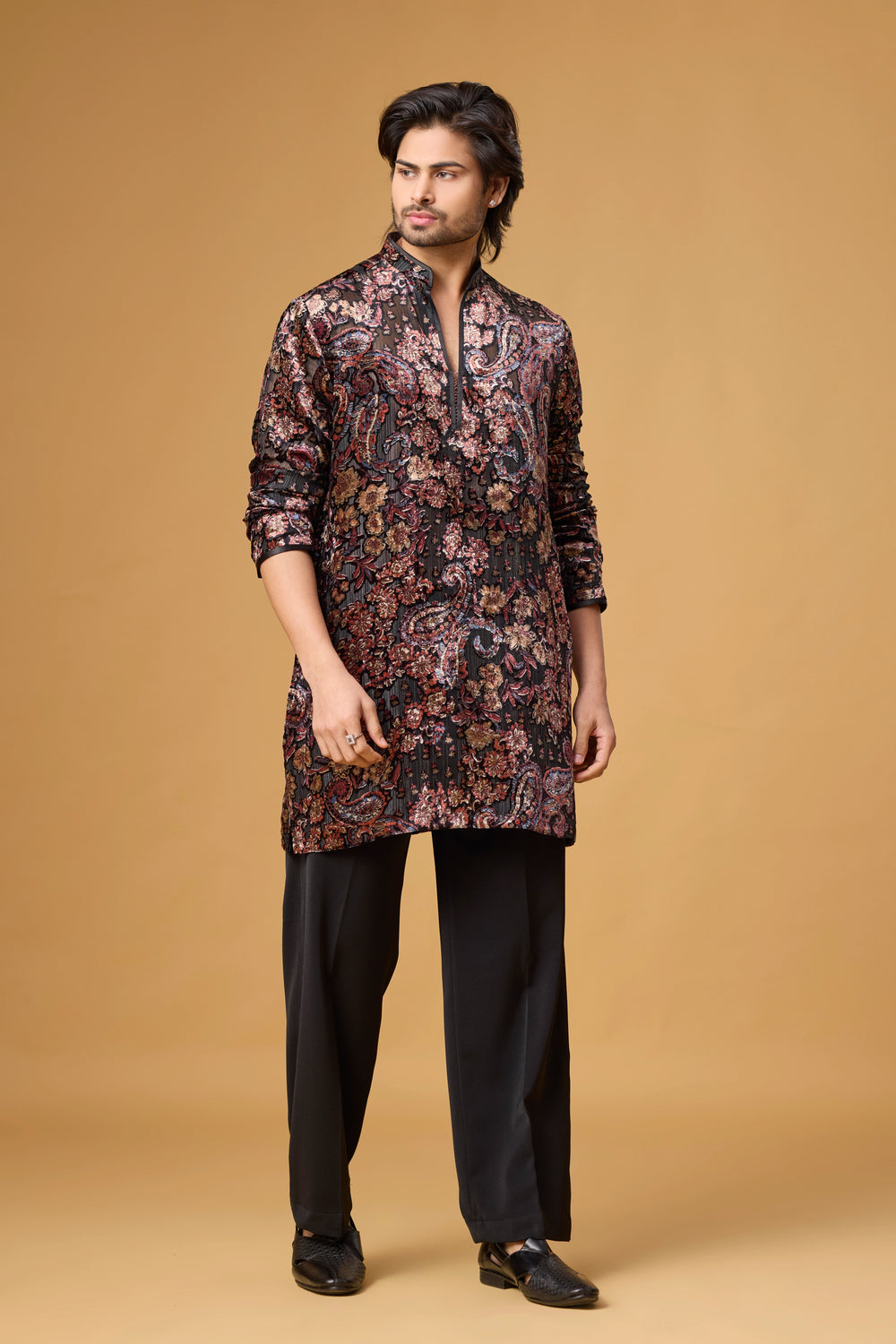 Black Paisley Printed Kurta for Men – Wedding Ethnic Wear | Mahavir NX