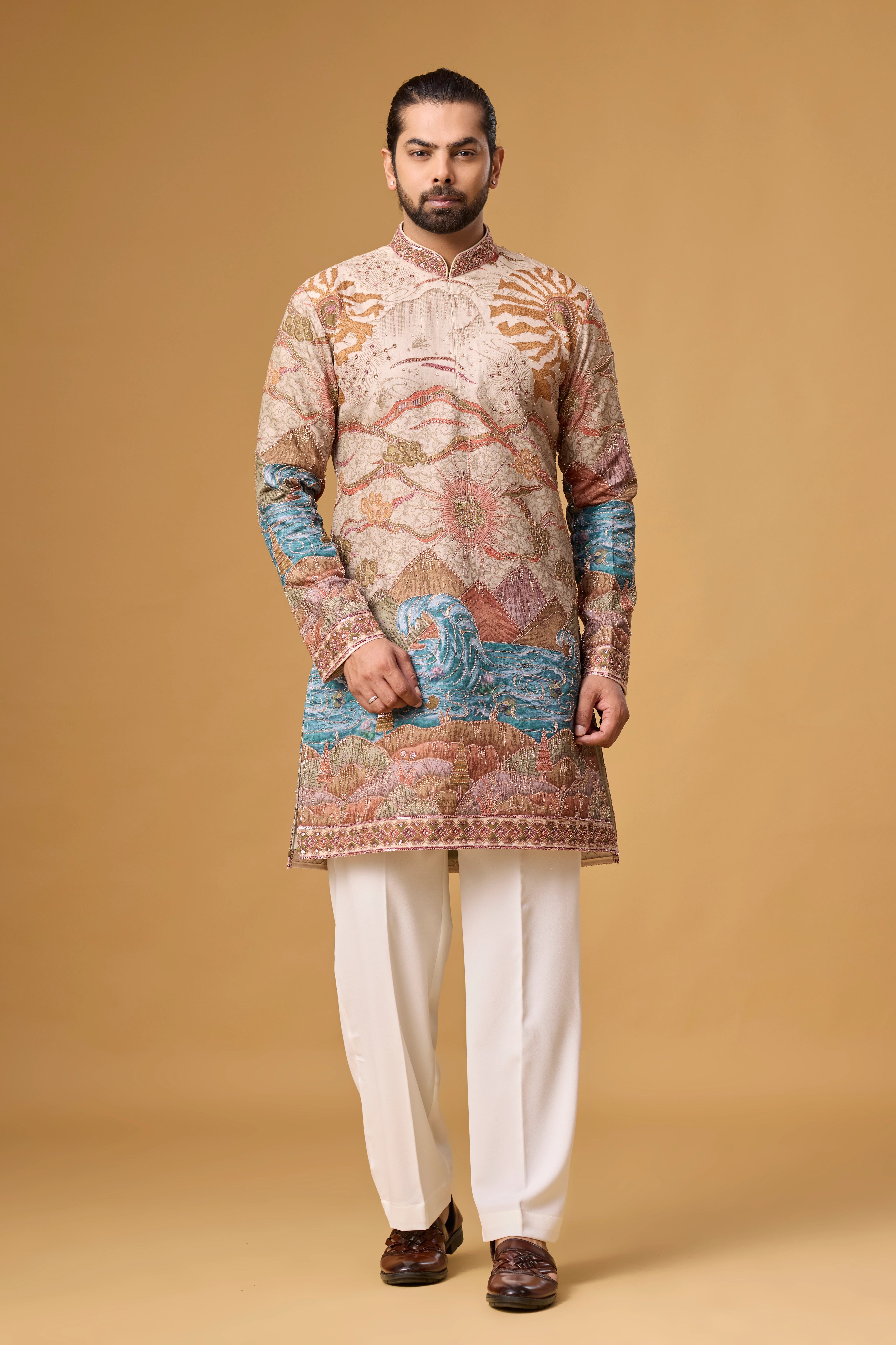 Cream Regal Scenic Patterned Kurta Set