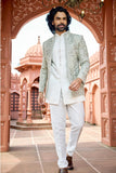 Pista Green Embroidered Indo-Western for Men