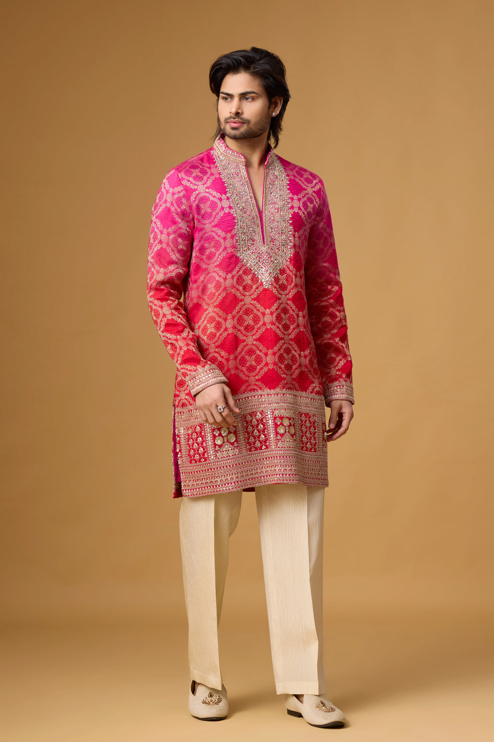 Rani Pink Geometric Embroidered Kurta Set – Front View | Mahavir NX