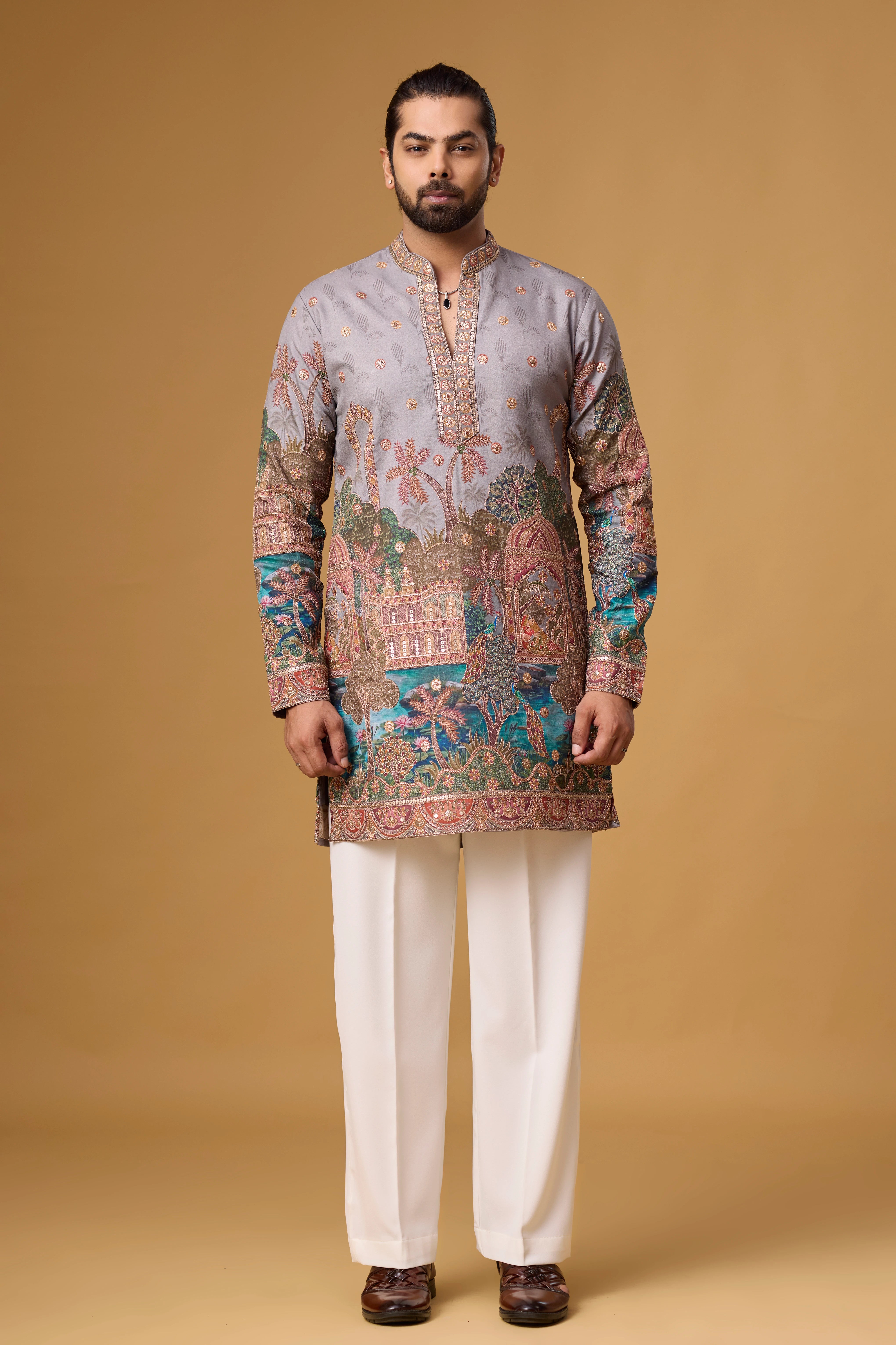 Lavender Grey Regal Heritage Scenic Kurta Set