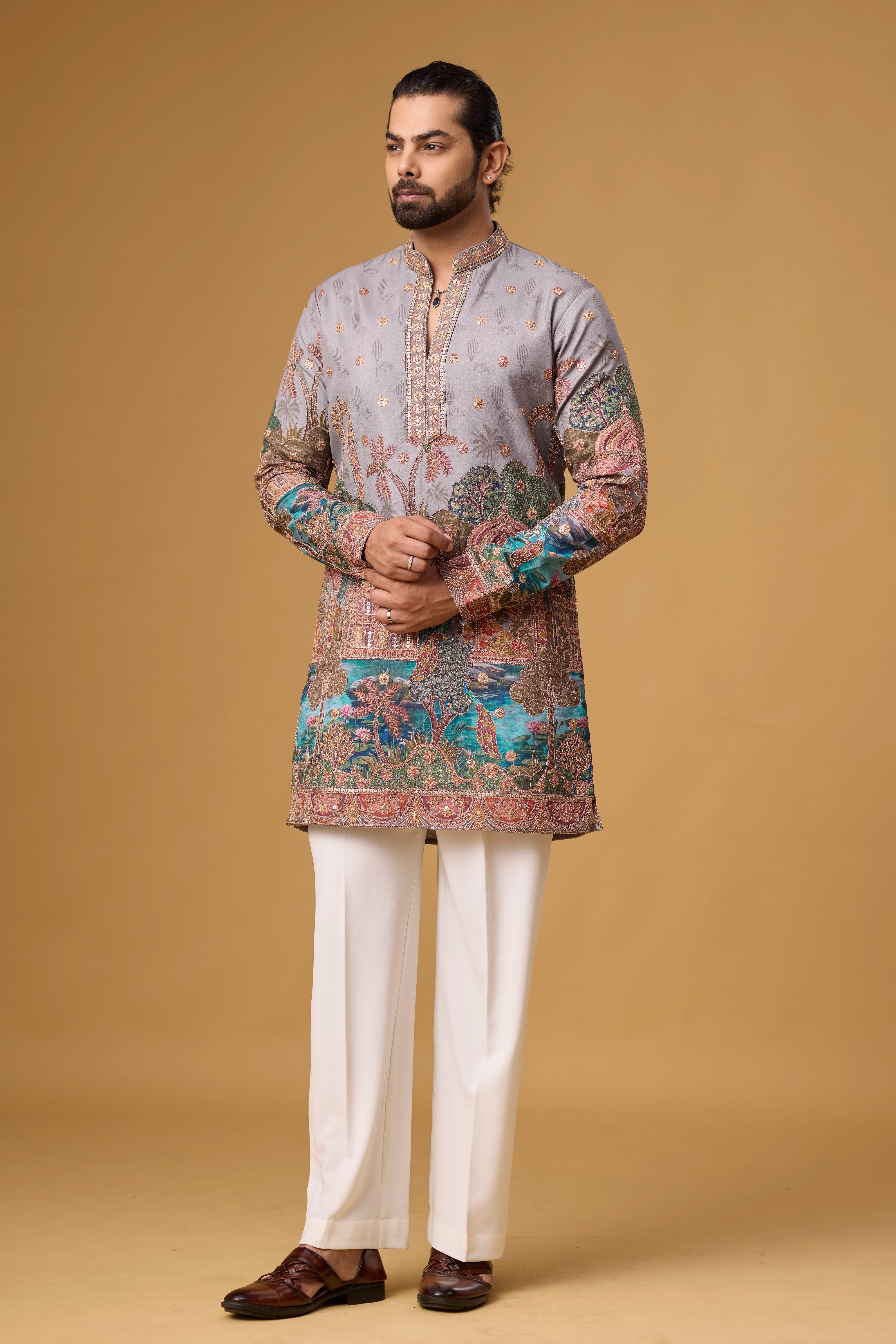 Lavender Grey Regal Heritage Scenic Kurta Set