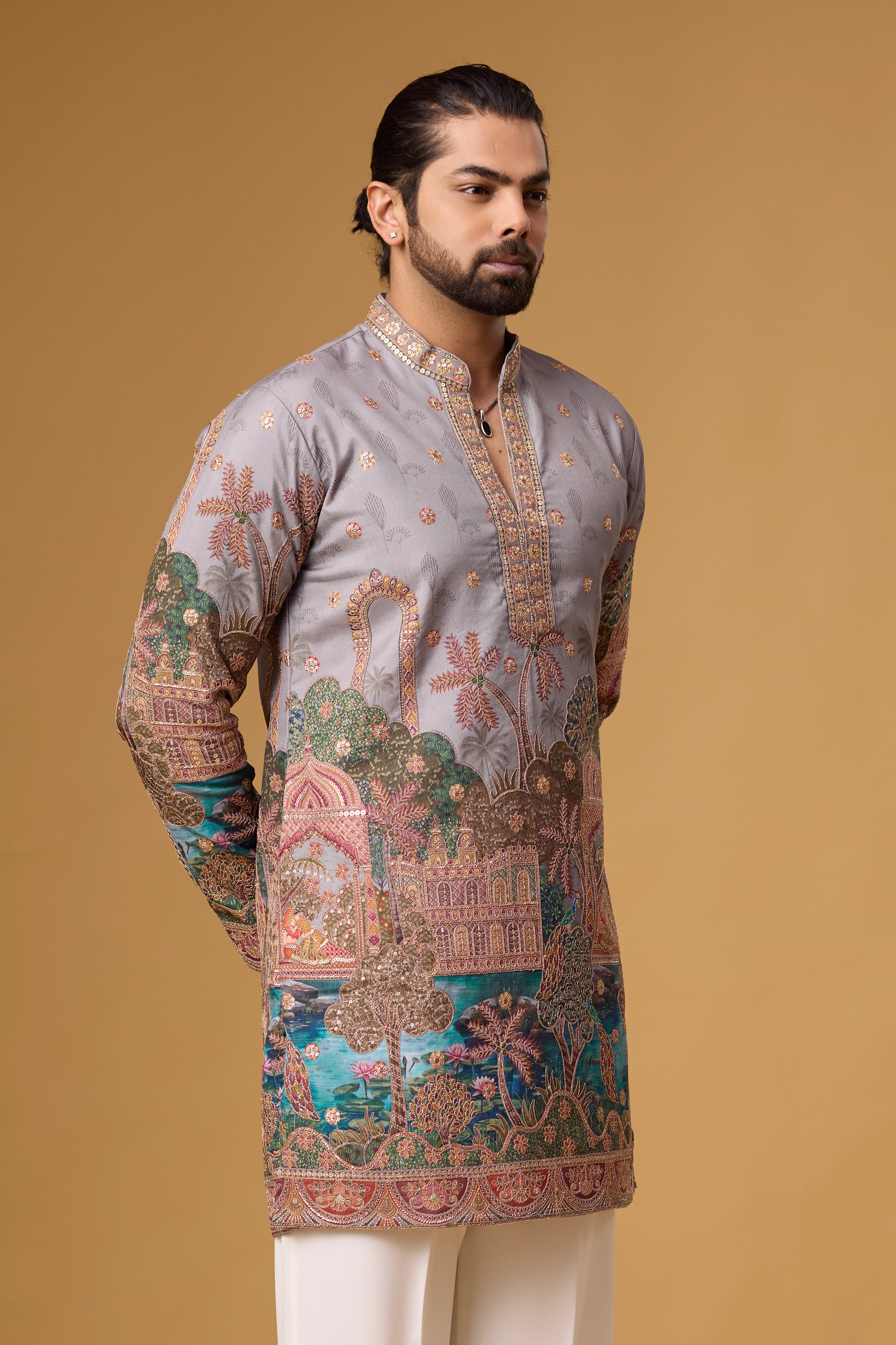 Lavender Grey Regal Heritage Scenic Kurta Set