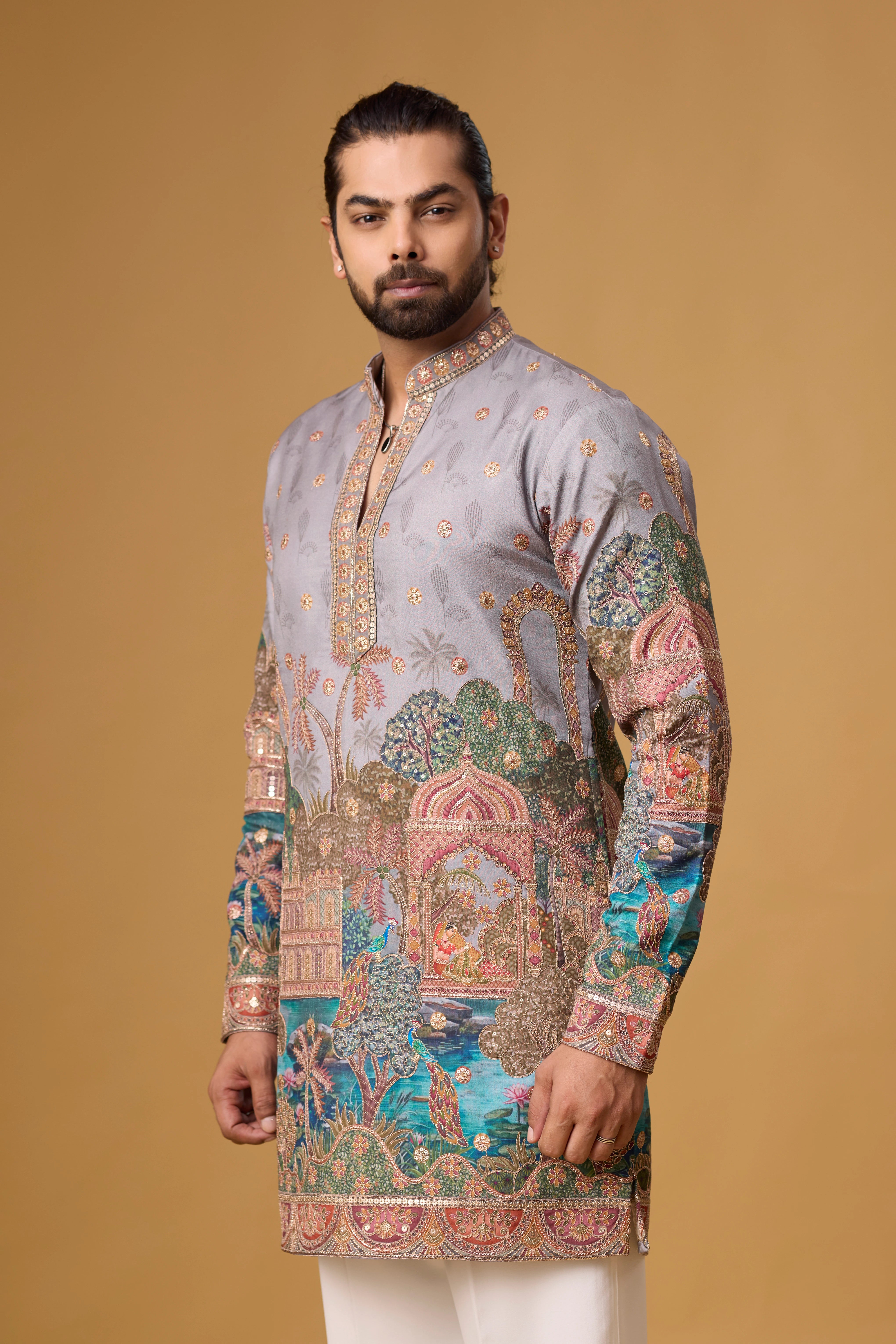 Lavender Grey Regal Heritage Scenic Kurta Set