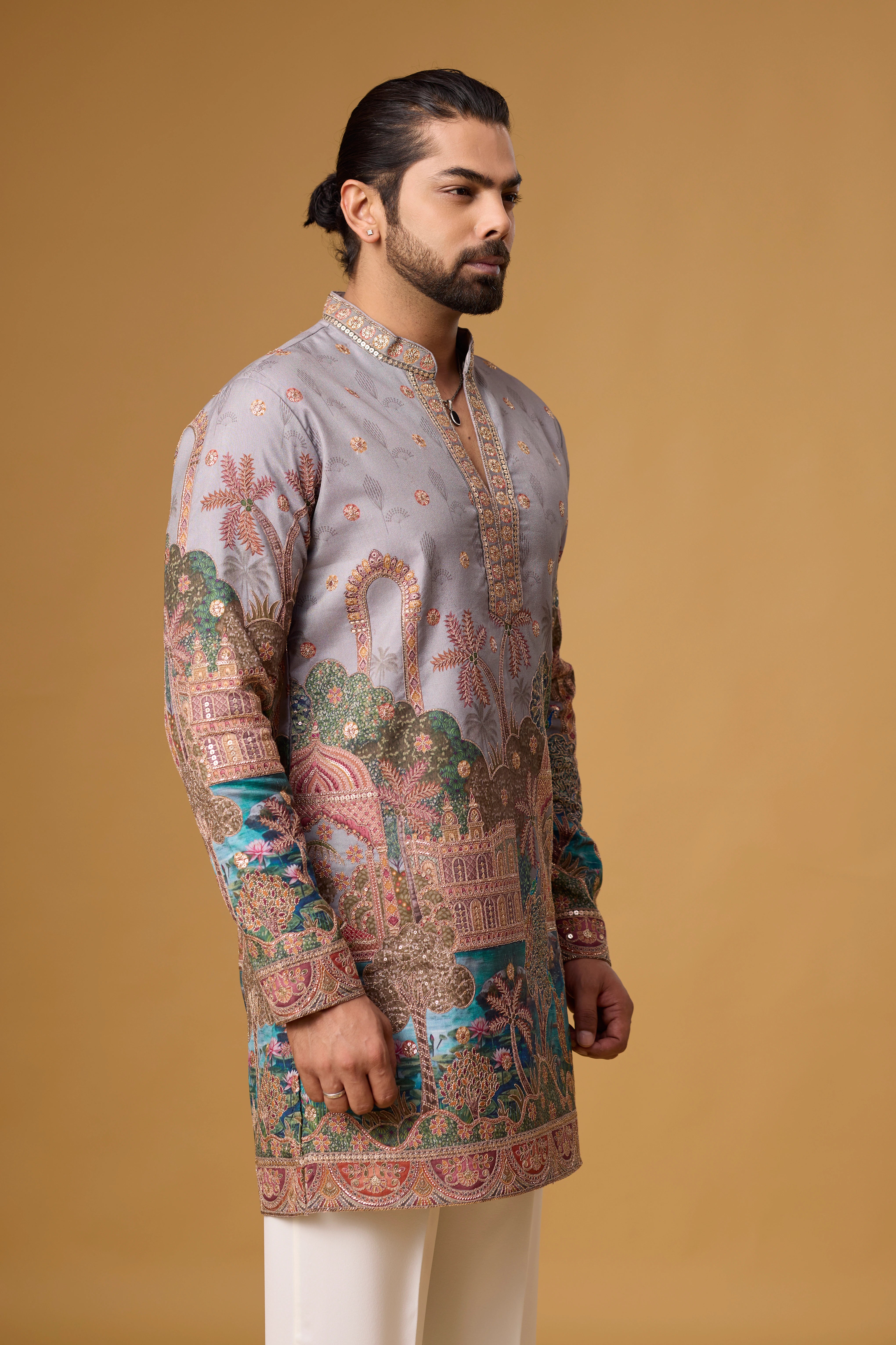 Lavender Grey Regal Heritage Scenic Kurta Set