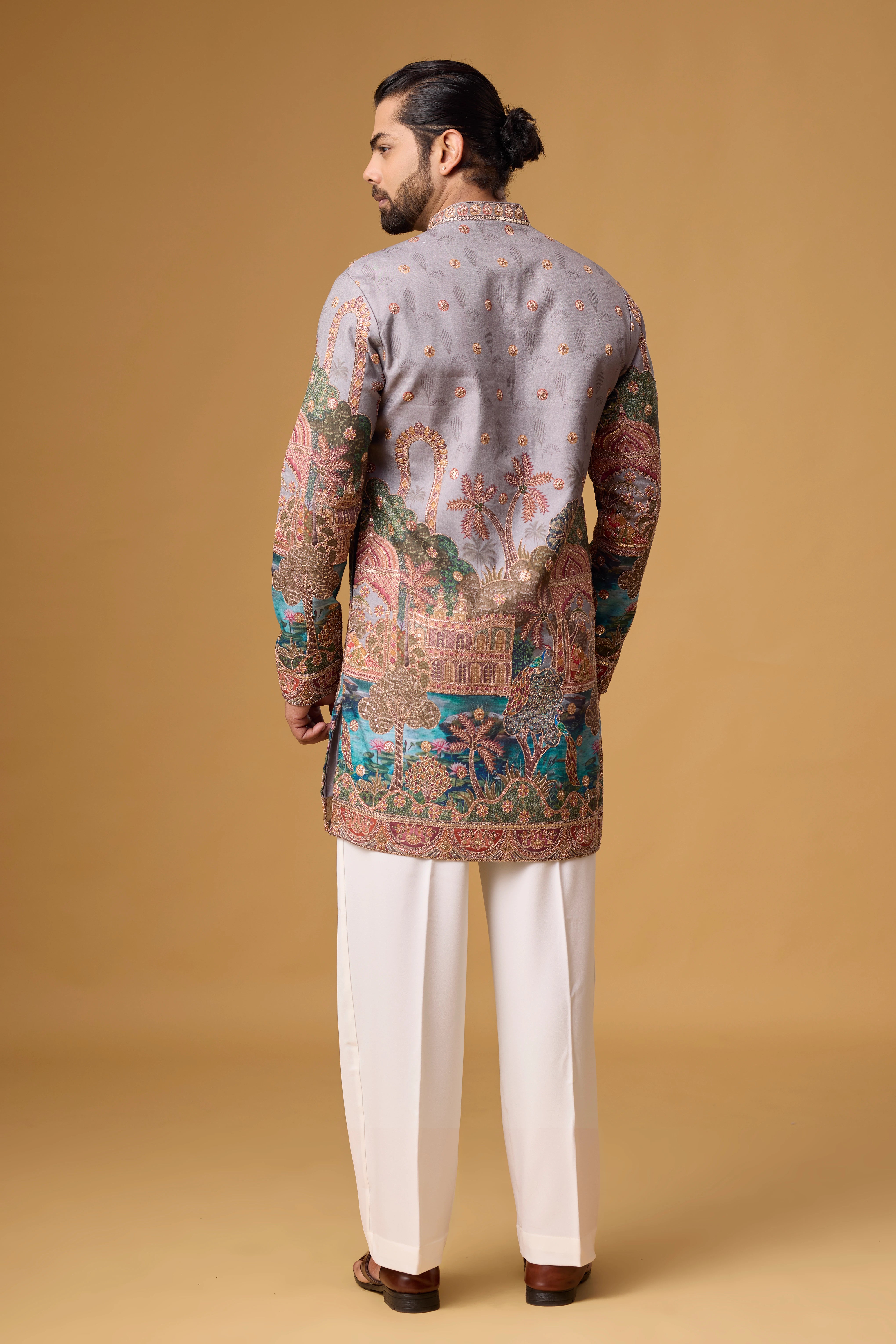 Lavender Grey Regal Heritage Scenic Kurta Set