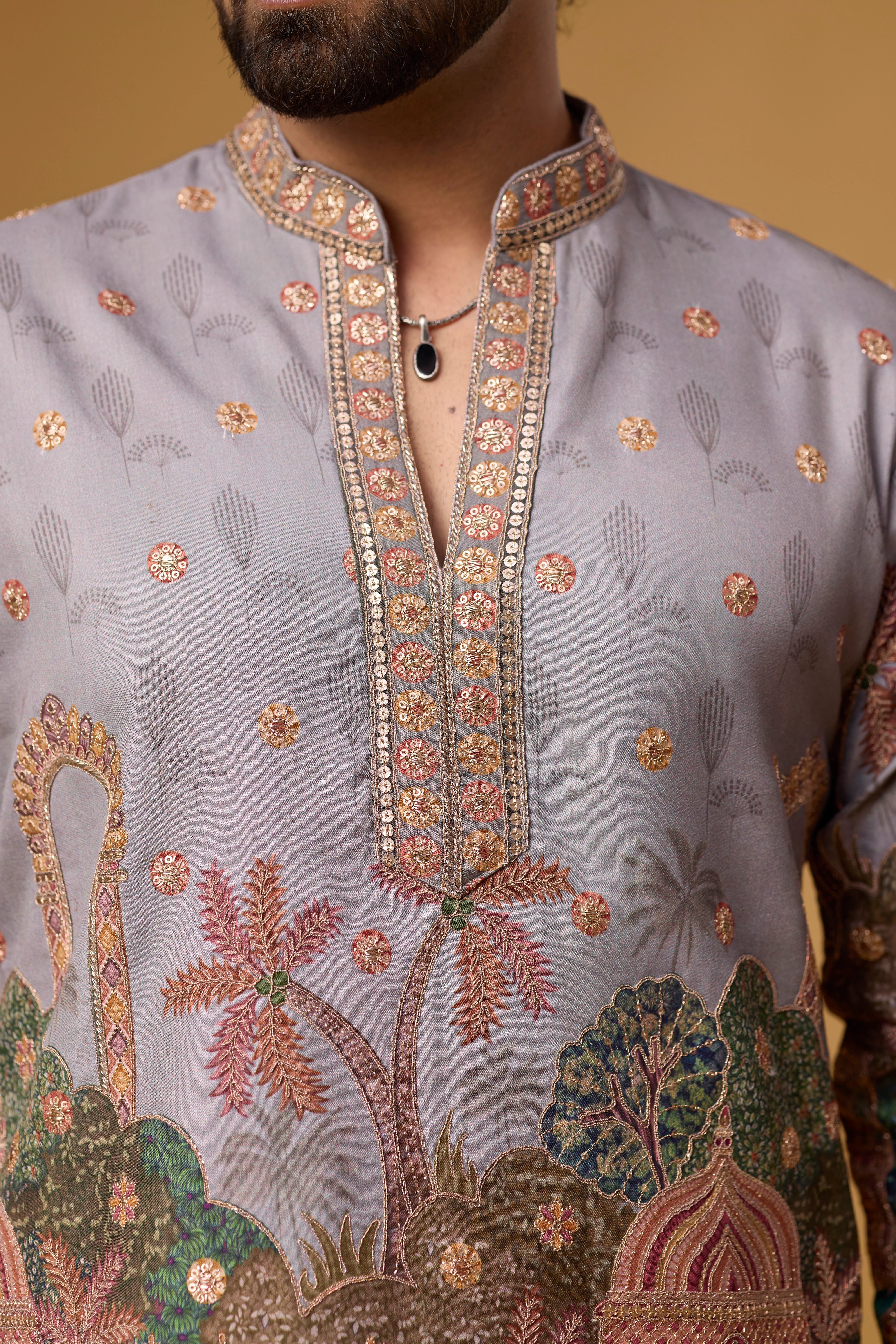 Lavender Grey Regal Heritage Scenic Kurta Set