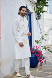 White Linen Kurta Set with Printed Handwork Jacket