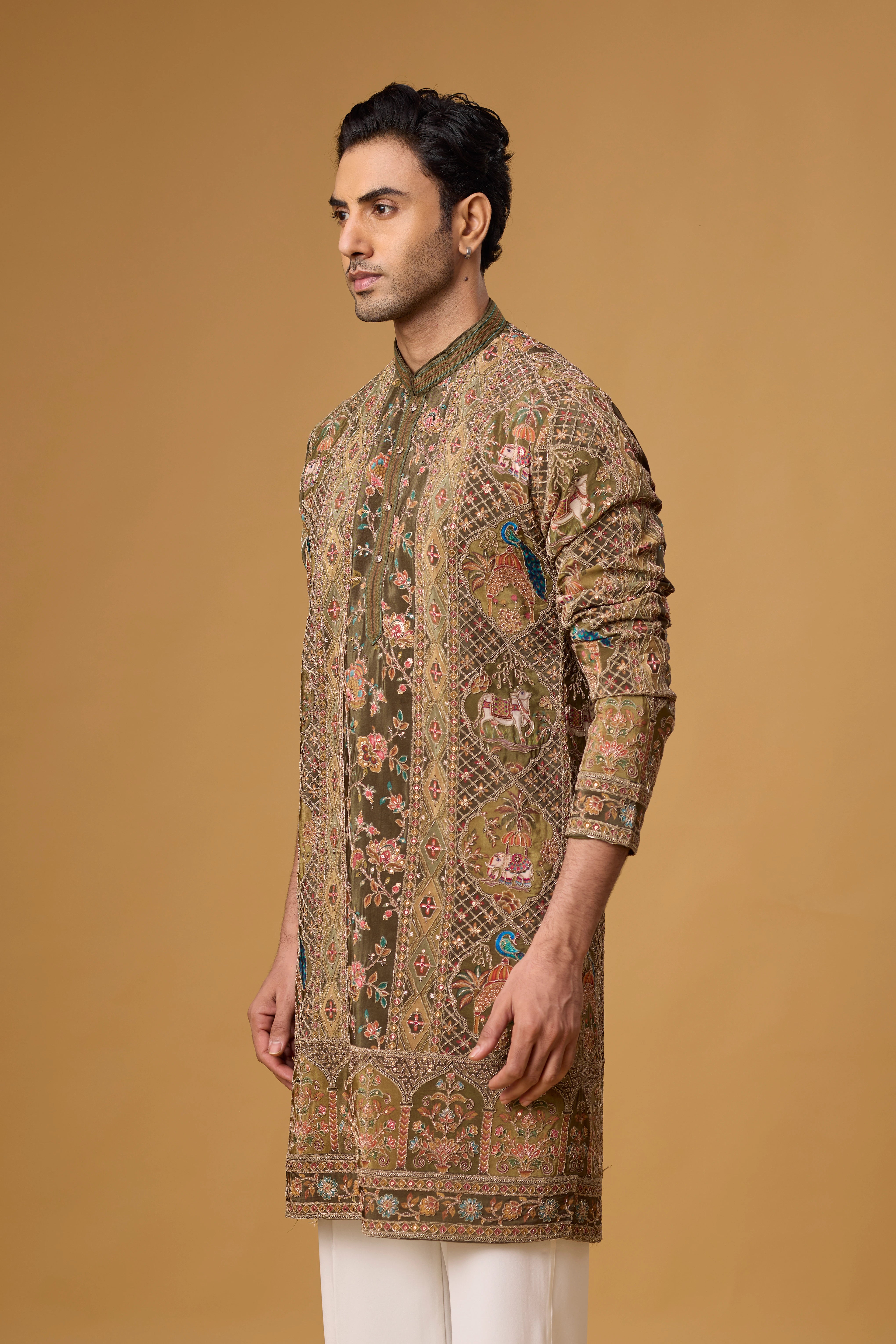 Olive Heritage Peacock Motif Kurta Set
