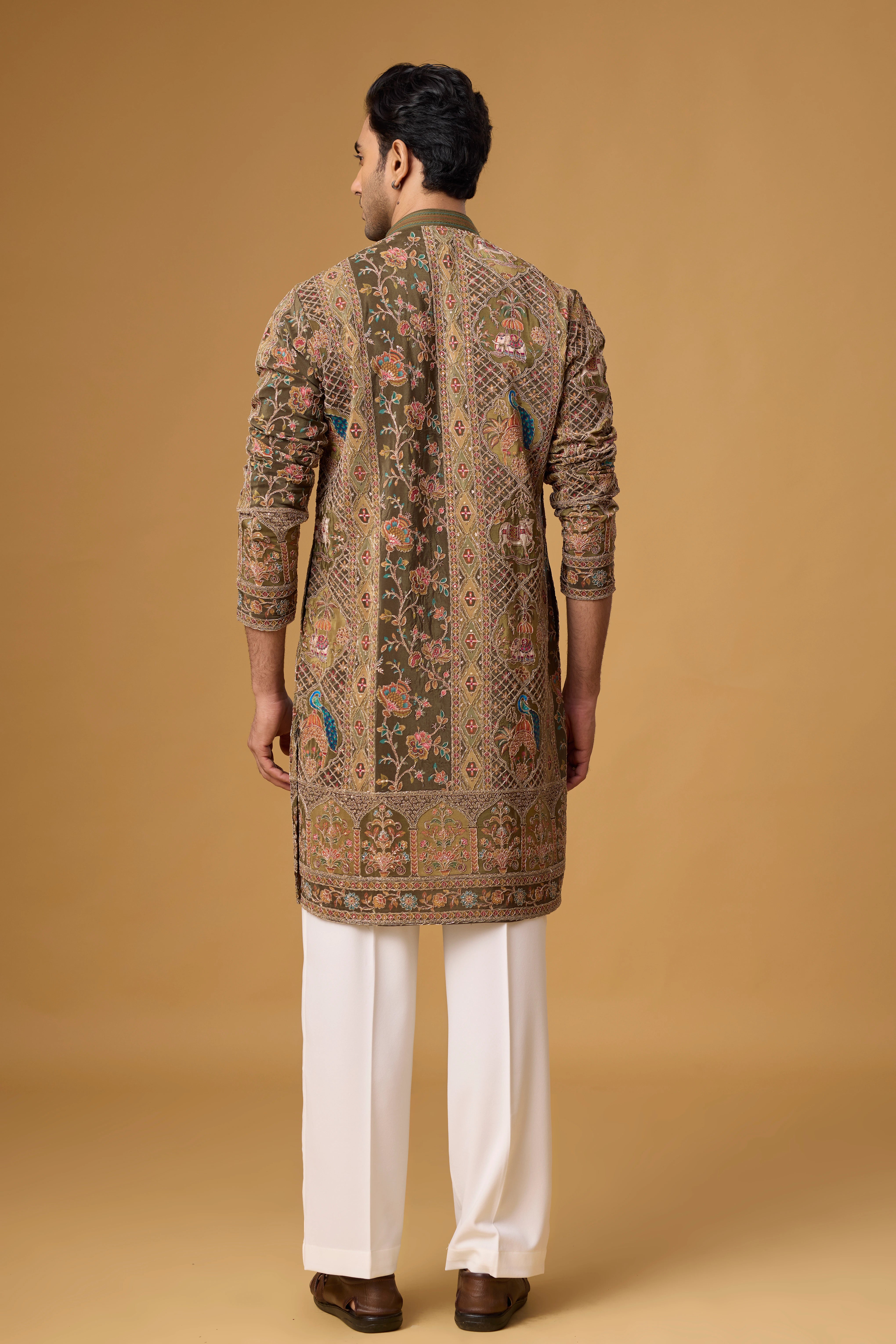 Olive Heritage Peacock Motif Kurta Set