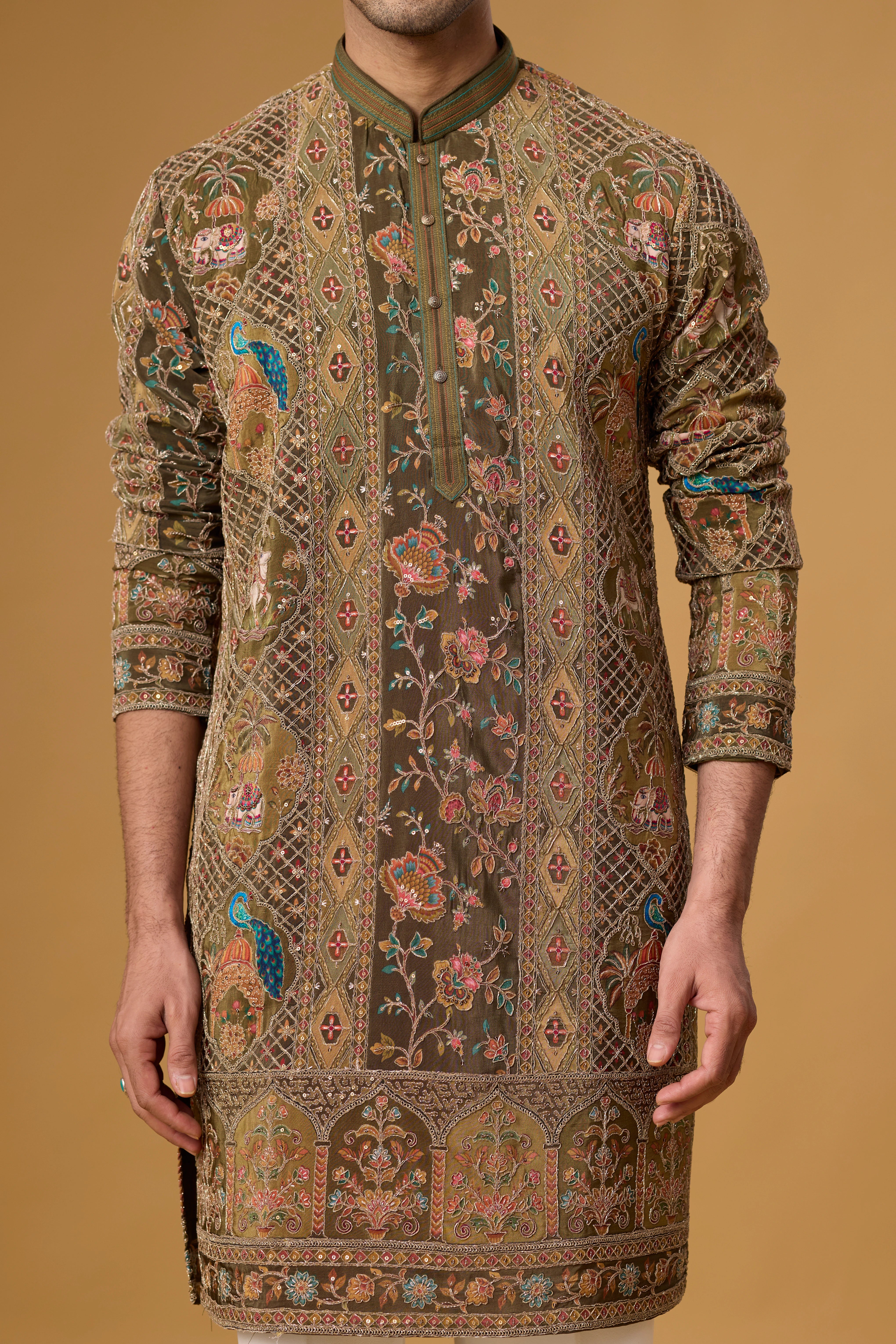 Olive Heritage Peacock Motif Kurta Set